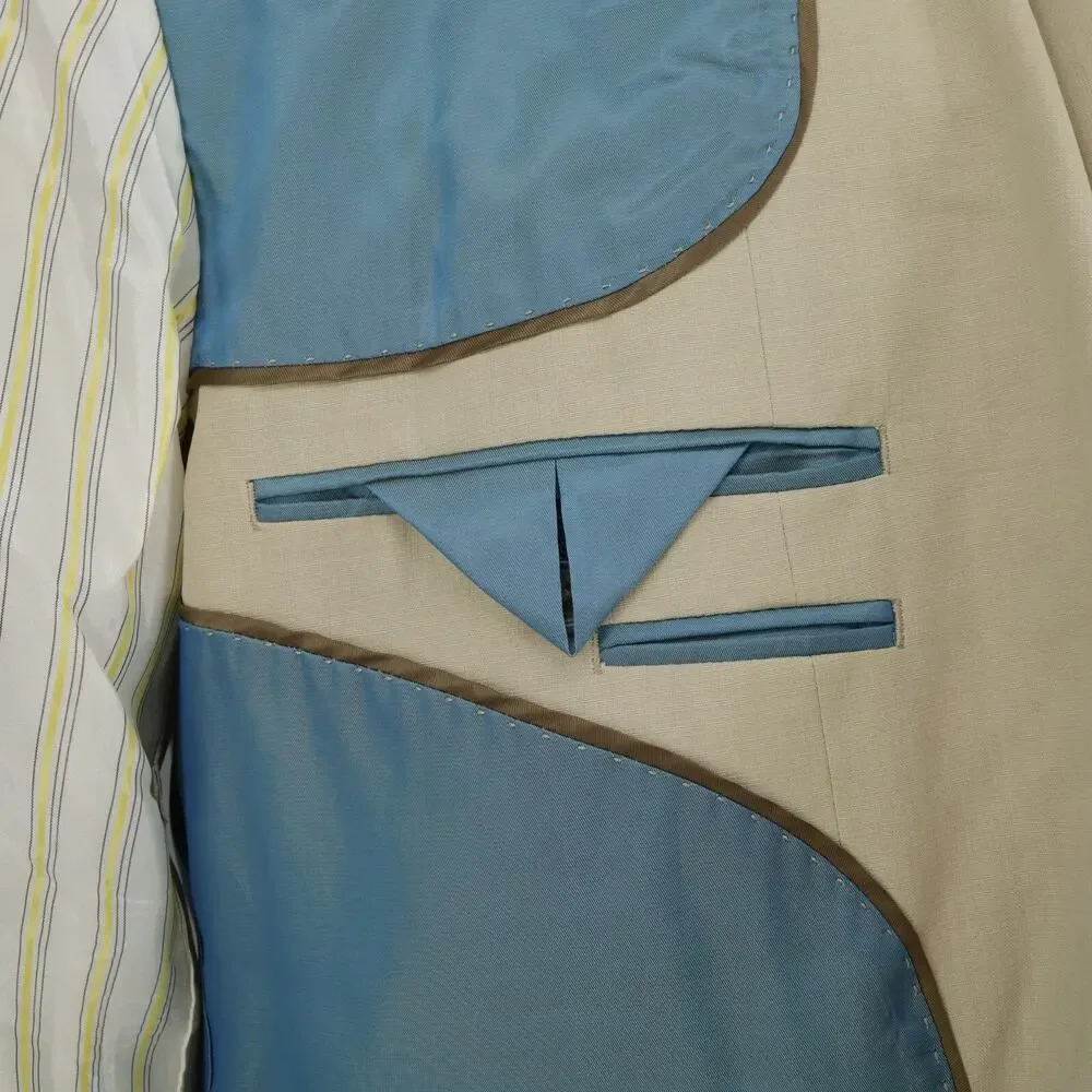Alan Flusser Sport Coat Mens 44R Beige Silk Jacket Lined Single Vent 2 Button